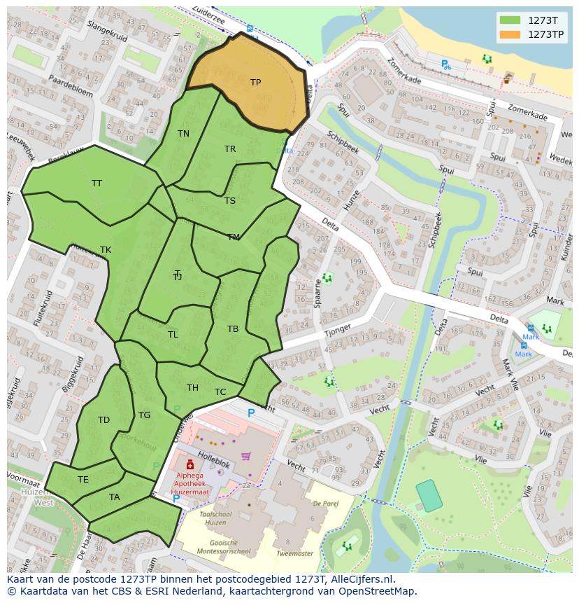 Afbeelding van het postcodegebied 1273 TP op de kaart.