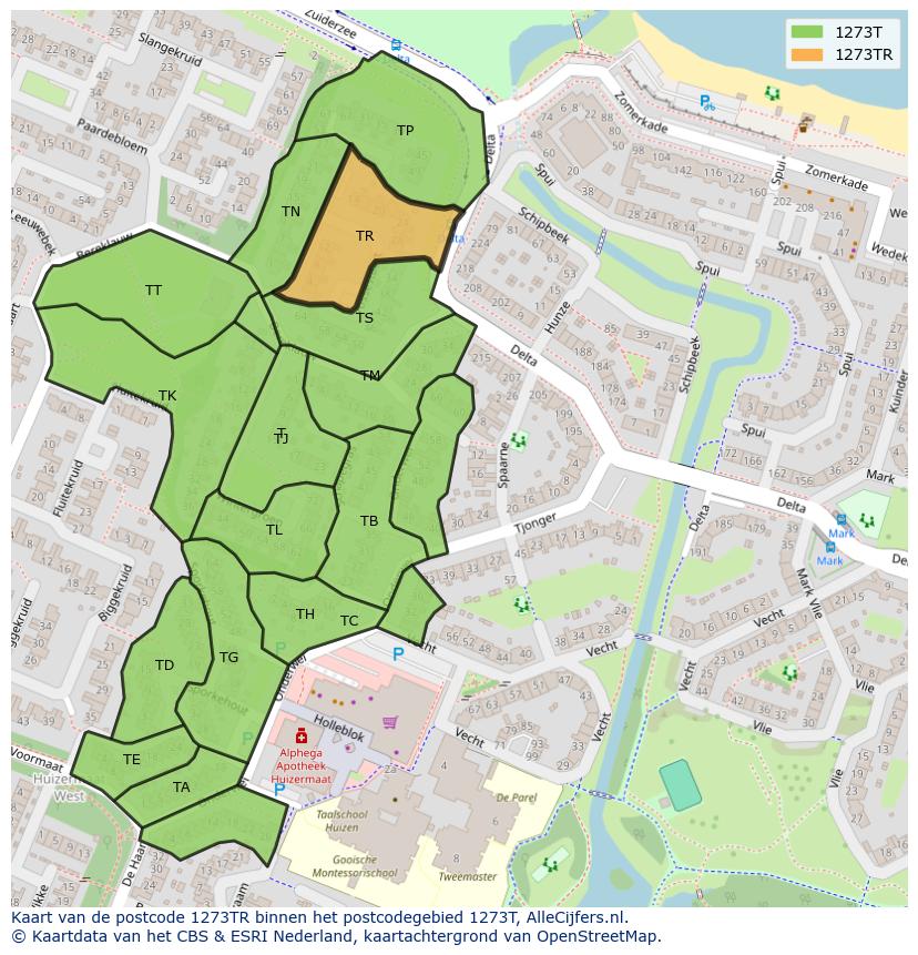 Afbeelding van het postcodegebied 1273 TR op de kaart.