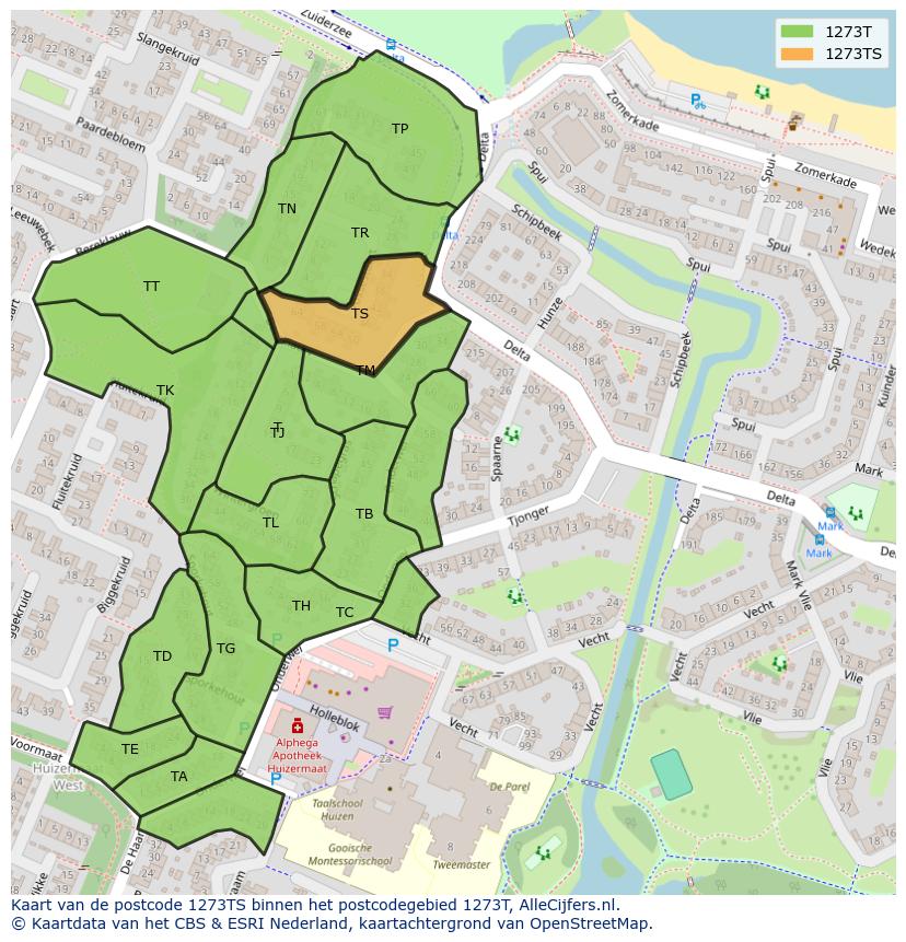 Afbeelding van het postcodegebied 1273 TS op de kaart.