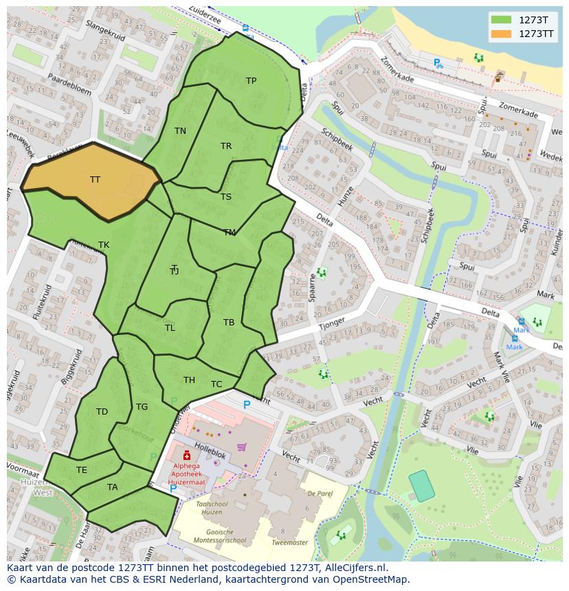 Afbeelding van het postcodegebied 1273 TT op de kaart.