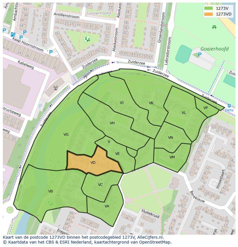 Afbeelding van het postcodegebied 1273 VD op de kaart.