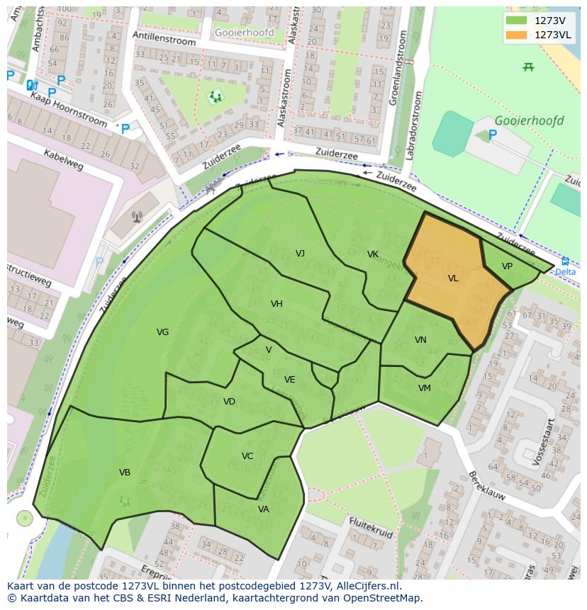 Afbeelding van het postcodegebied 1273 VL op de kaart.