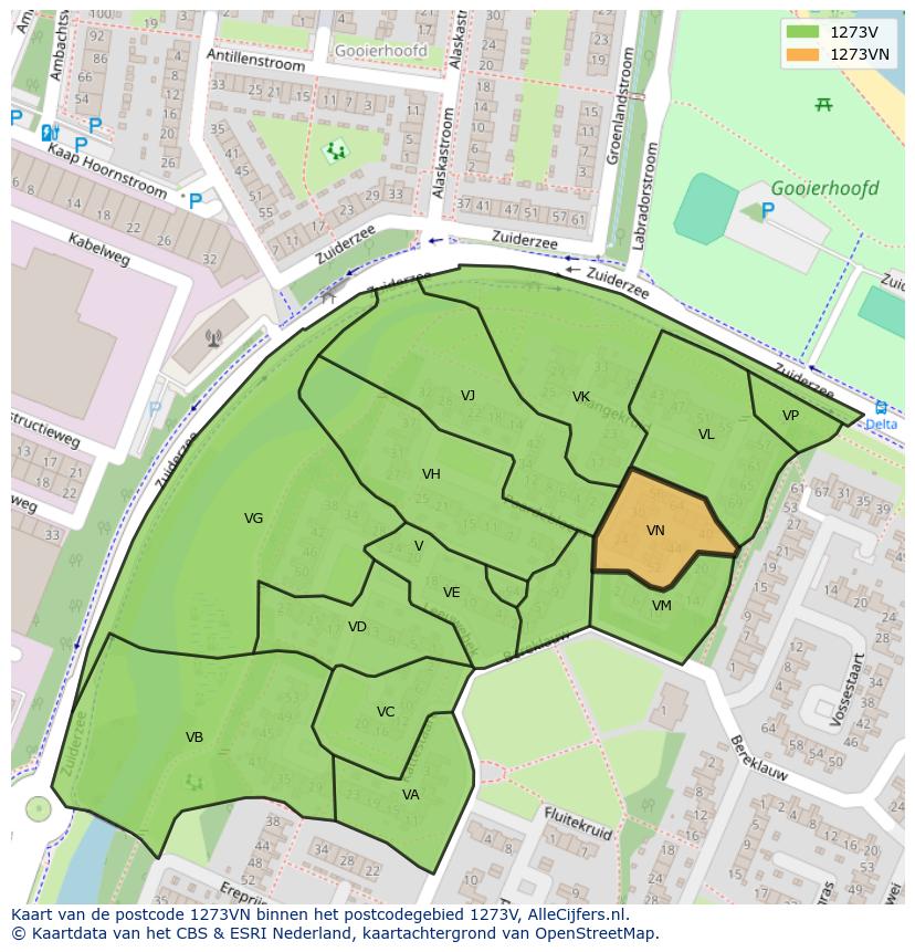 Afbeelding van het postcodegebied 1273 VN op de kaart.