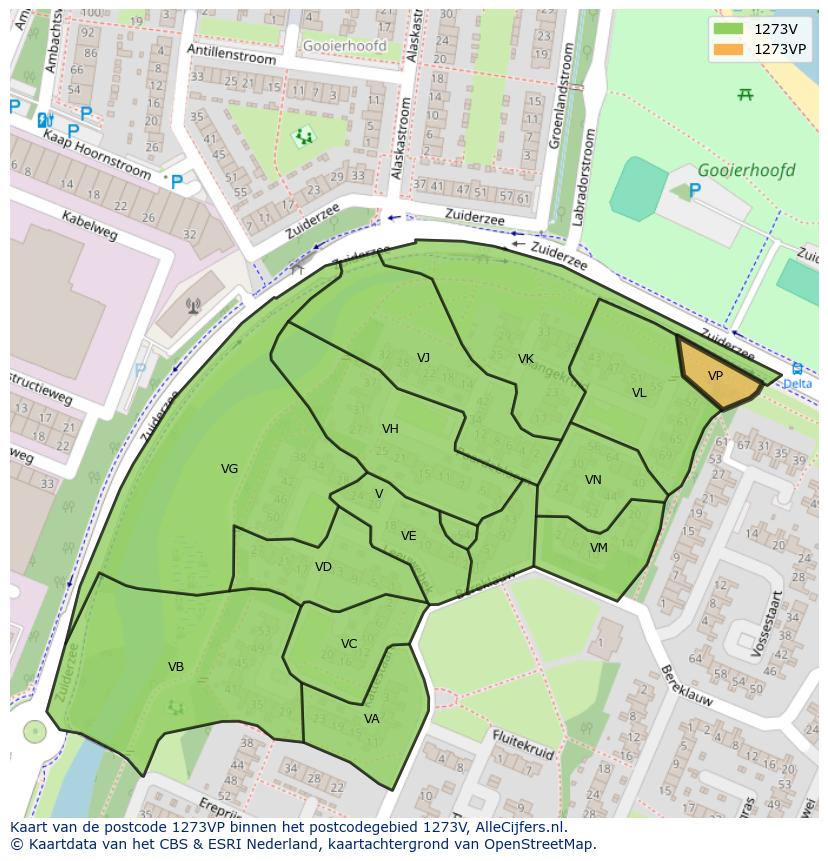 Afbeelding van het postcodegebied 1273 VP op de kaart.