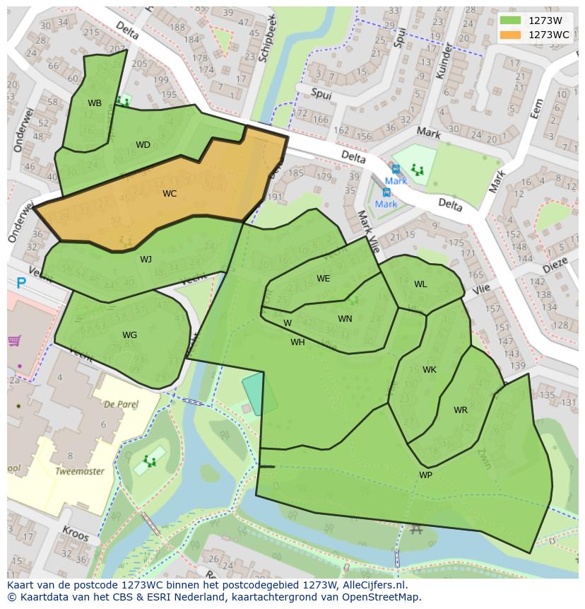 Afbeelding van het postcodegebied 1273 WC op de kaart.