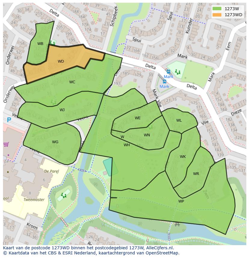 Afbeelding van het postcodegebied 1273 WD op de kaart.