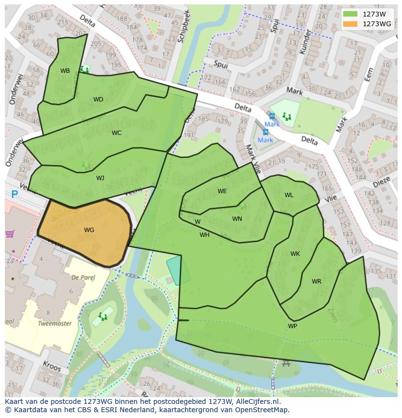 Afbeelding van het postcodegebied 1273 WG op de kaart.