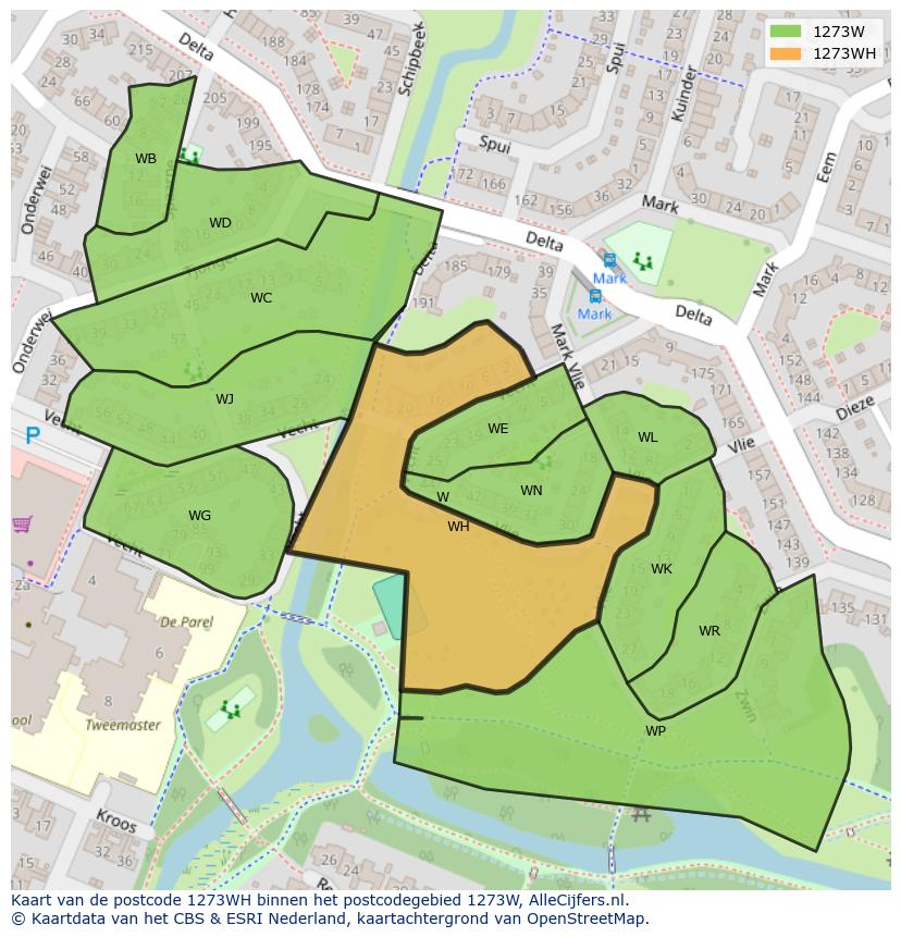 Afbeelding van het postcodegebied 1273 WH op de kaart.