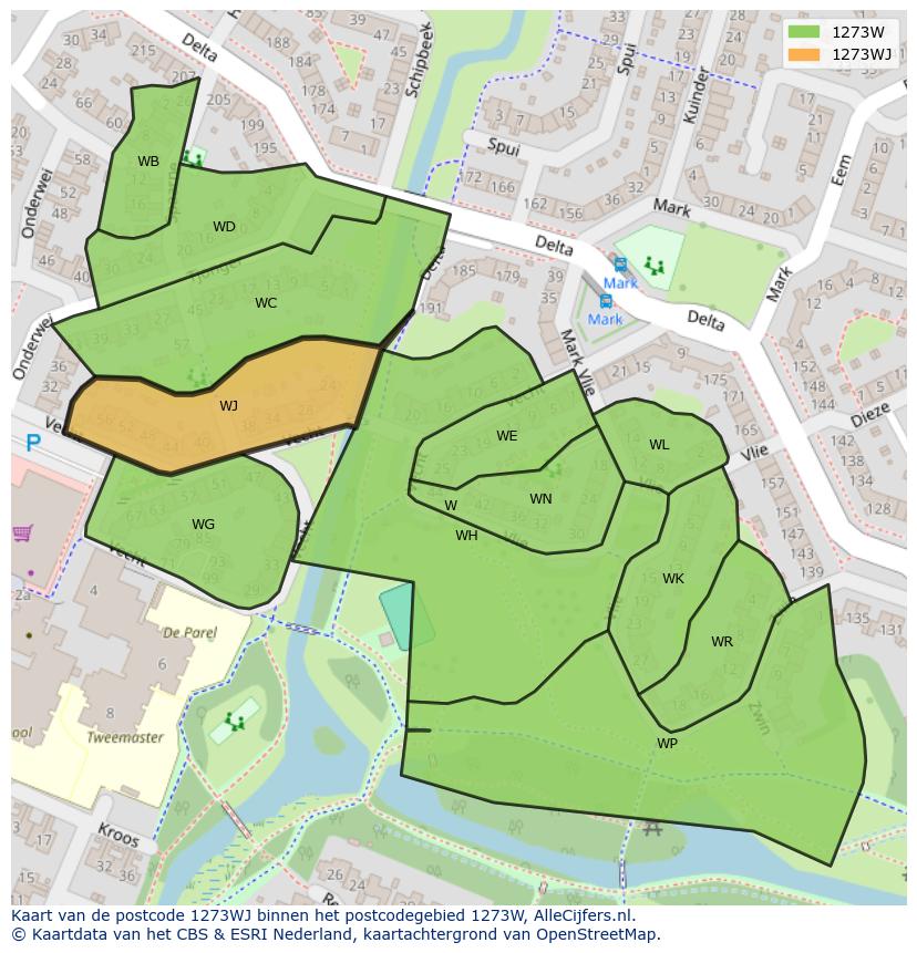 Afbeelding van het postcodegebied 1273 WJ op de kaart.