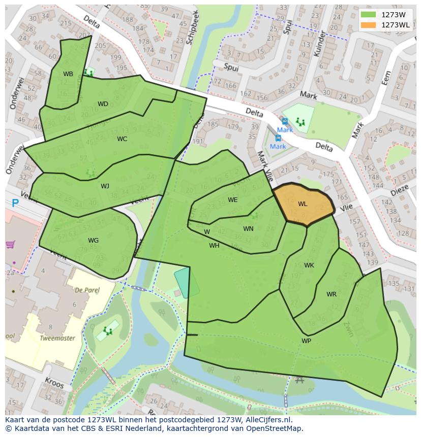 Afbeelding van het postcodegebied 1273 WL op de kaart.