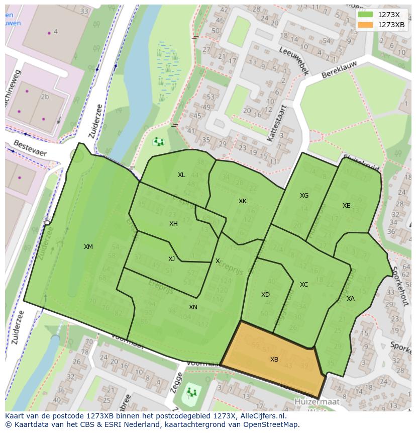 Afbeelding van het postcodegebied 1273 XB op de kaart.