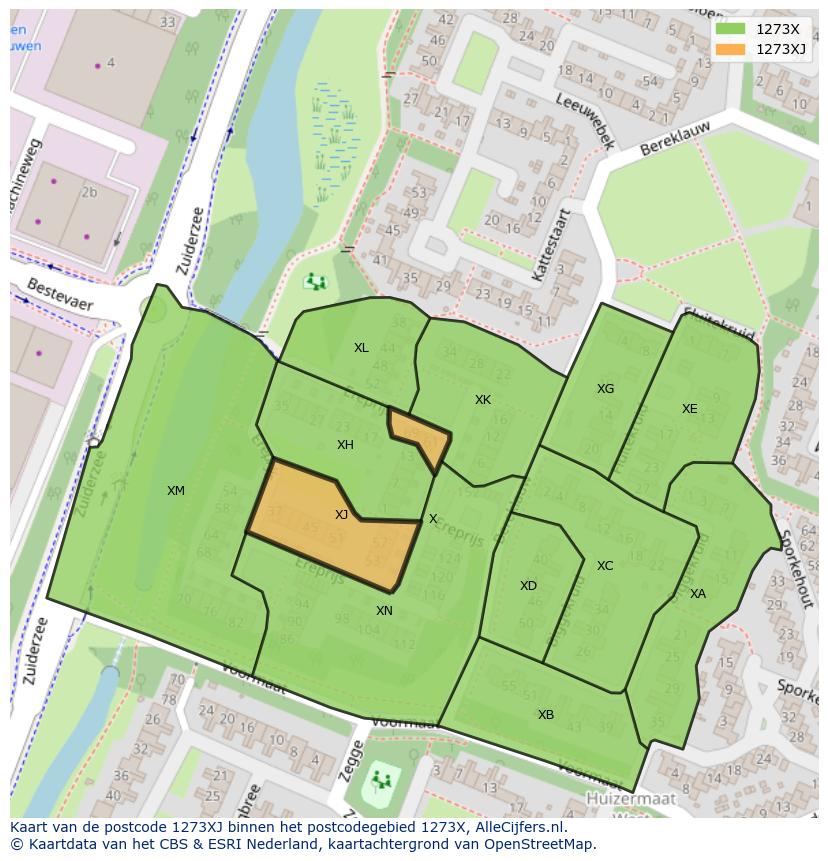 Afbeelding van het postcodegebied 1273 XJ op de kaart.