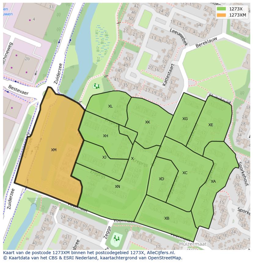 Afbeelding van het postcodegebied 1273 XM op de kaart.