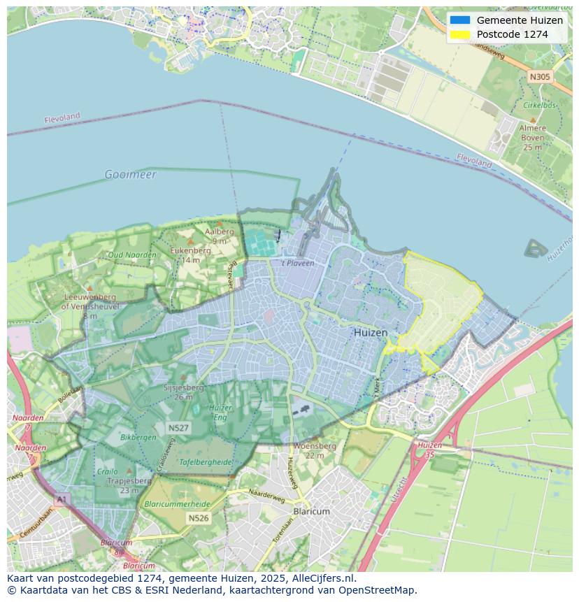 Afbeelding van het postcodegebied 1274 op de kaart.