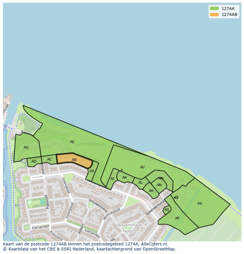 Afbeelding van het postcodegebied 1274 AB op de kaart.
