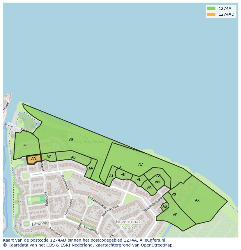 Afbeelding van het postcodegebied 1274 AD op de kaart.