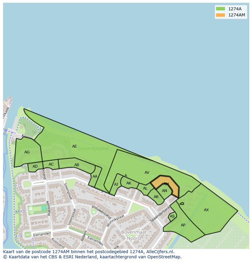 Afbeelding van het postcodegebied 1274 AM op de kaart.