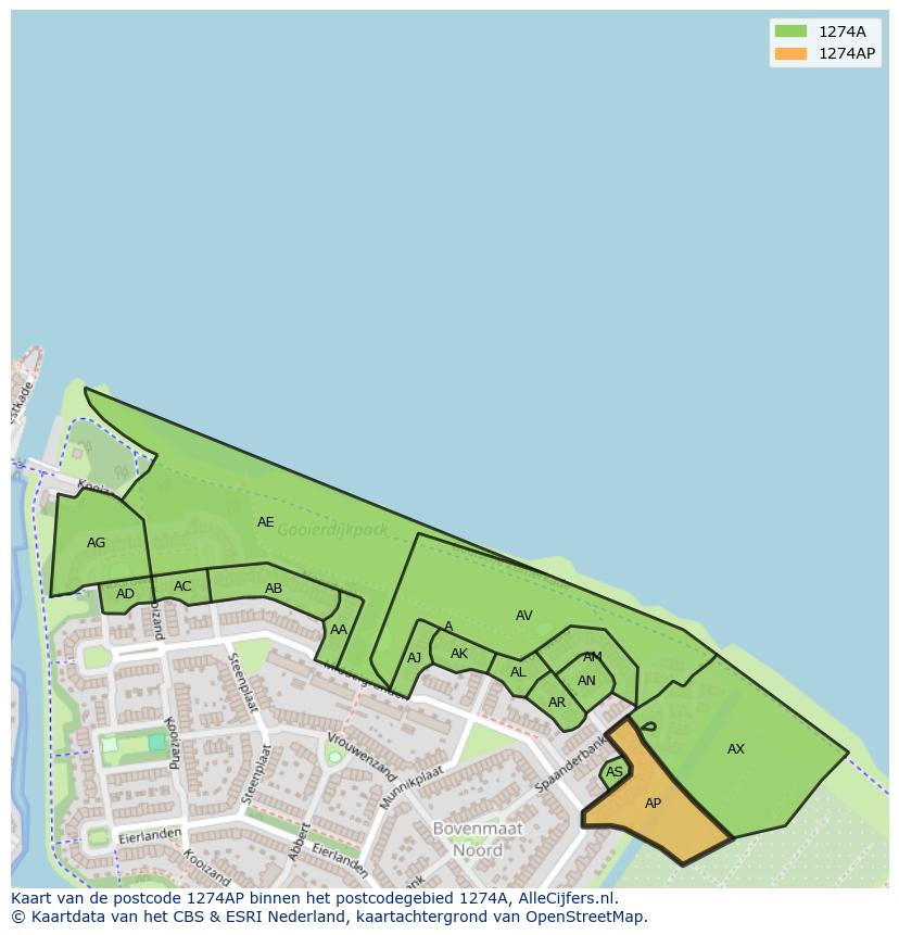 Afbeelding van het postcodegebied 1274 AP op de kaart.