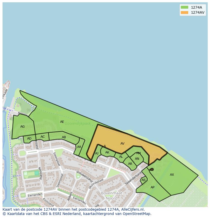 Afbeelding van het postcodegebied 1274 AV op de kaart.