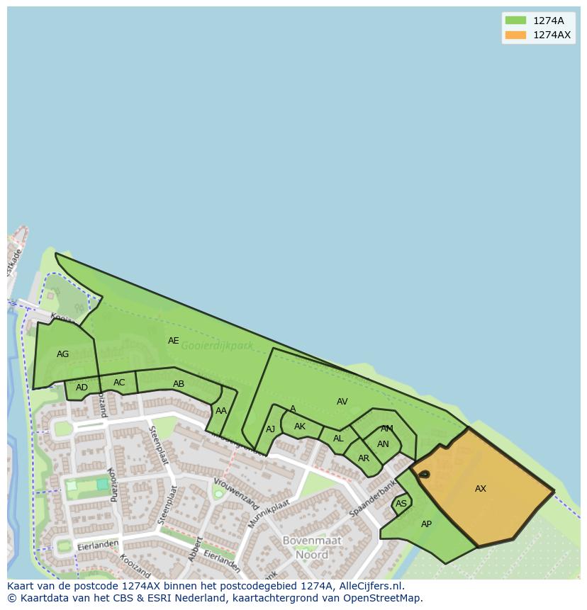 Afbeelding van het postcodegebied 1274 AX op de kaart.