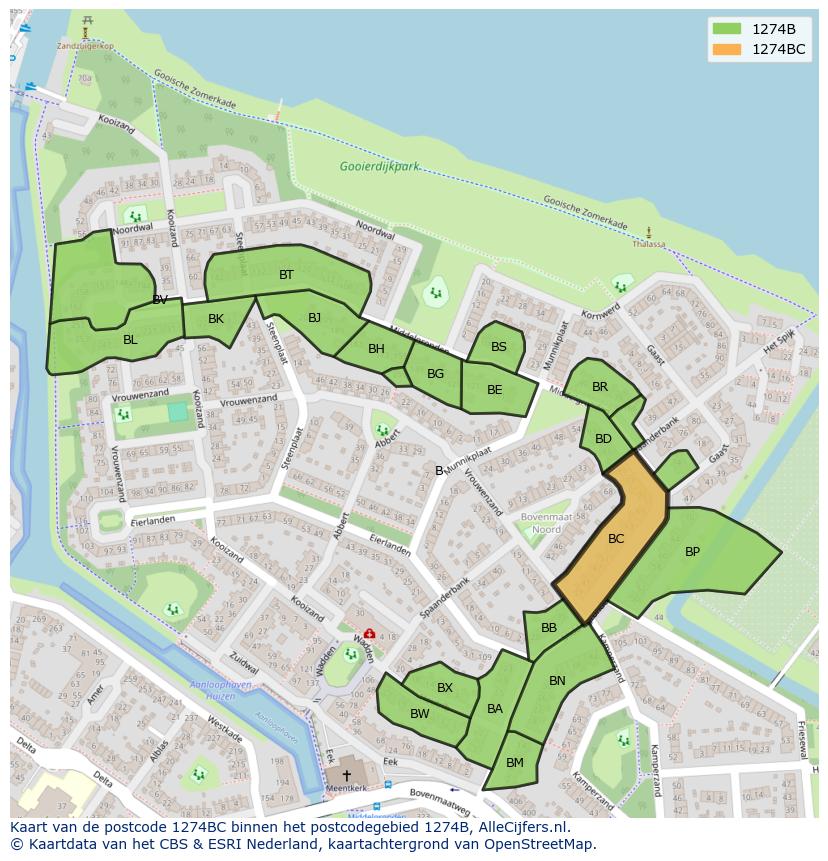 Afbeelding van het postcodegebied 1274 BC op de kaart.