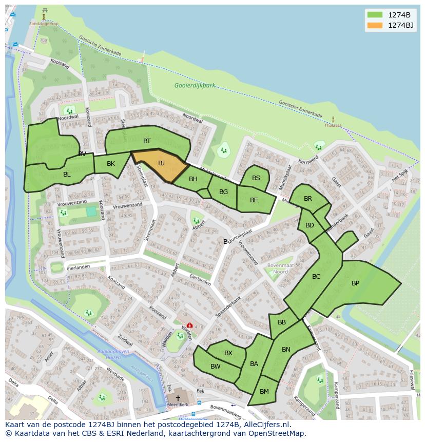 Afbeelding van het postcodegebied 1274 BJ op de kaart.