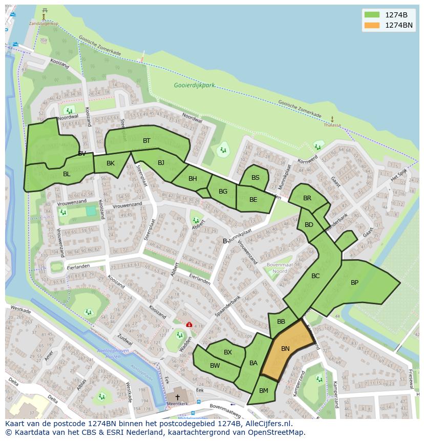 Afbeelding van het postcodegebied 1274 BN op de kaart.