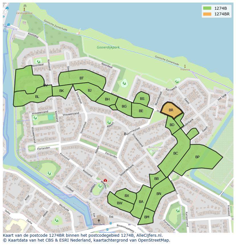 Afbeelding van het postcodegebied 1274 BR op de kaart.