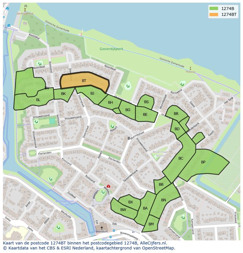 Afbeelding van het postcodegebied 1274 BT op de kaart.