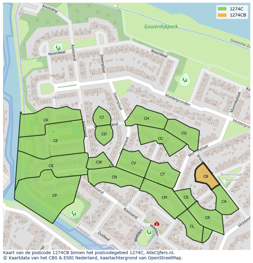 Afbeelding van het postcodegebied 1274 CB op de kaart.