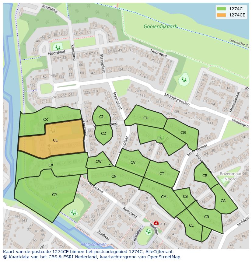 Afbeelding van het postcodegebied 1274 CE op de kaart.