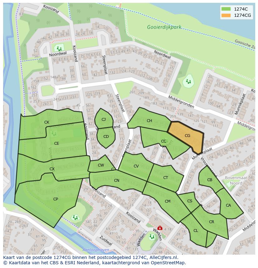 Afbeelding van het postcodegebied 1274 CG op de kaart.