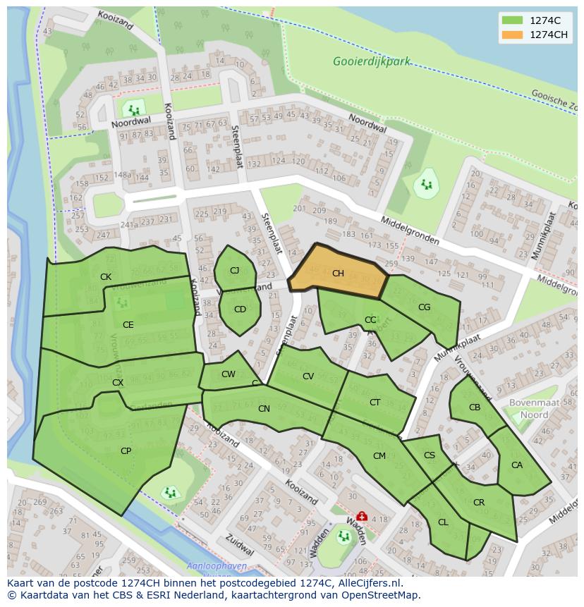 Afbeelding van het postcodegebied 1274 CH op de kaart.