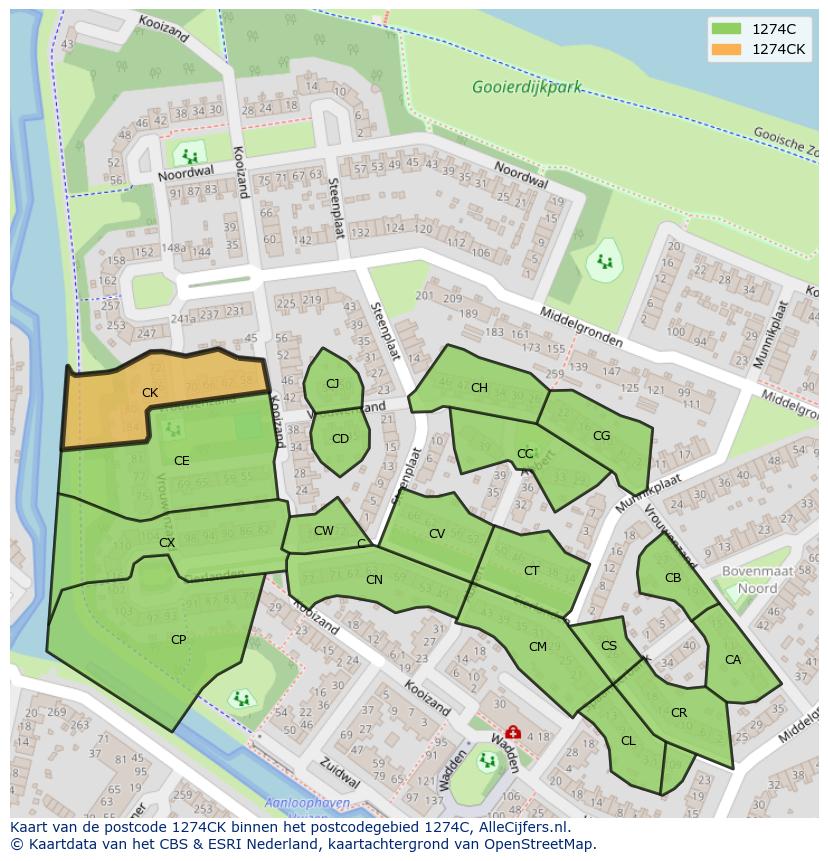 Afbeelding van het postcodegebied 1274 CK op de kaart.