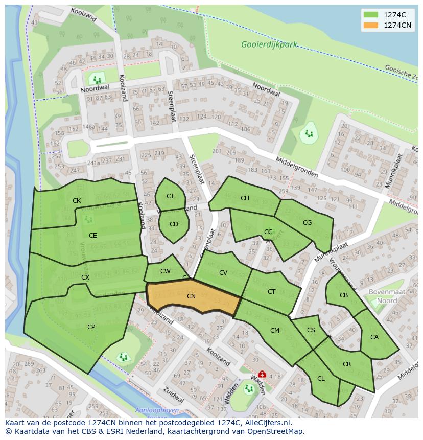 Afbeelding van het postcodegebied 1274 CN op de kaart.