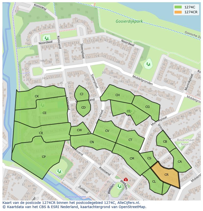 Afbeelding van het postcodegebied 1274 CR op de kaart.