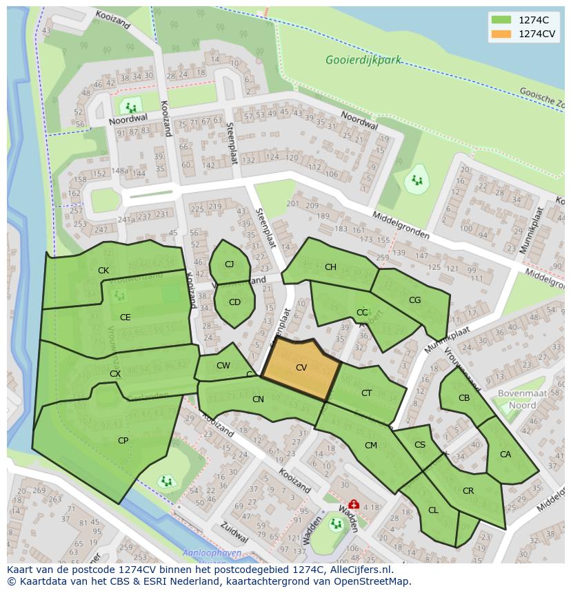 Afbeelding van het postcodegebied 1274 CV op de kaart.