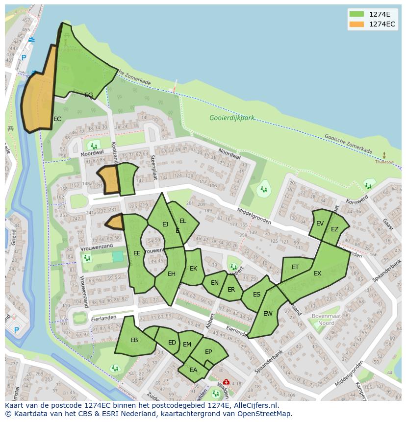 Afbeelding van het postcodegebied 1274 EC op de kaart.