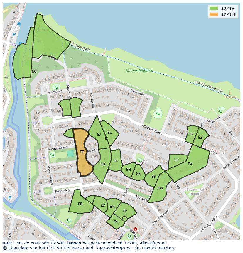 Afbeelding van het postcodegebied 1274 EE op de kaart.