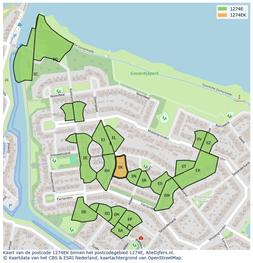 Afbeelding van het postcodegebied 1274 EK op de kaart.