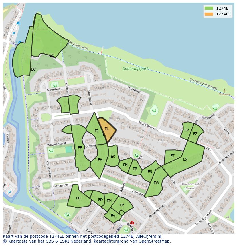 Afbeelding van het postcodegebied 1274 EL op de kaart.