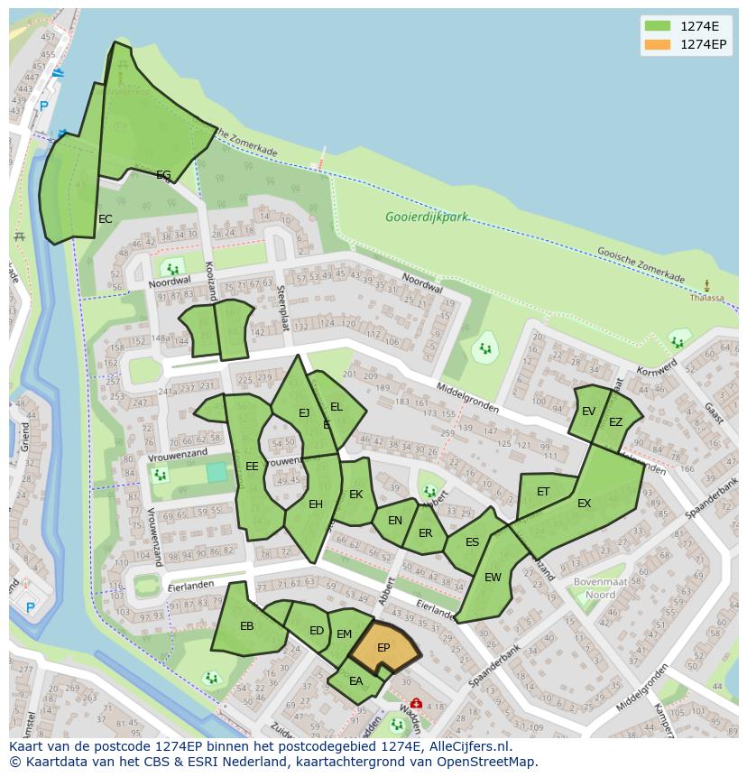 Afbeelding van het postcodegebied 1274 EP op de kaart.