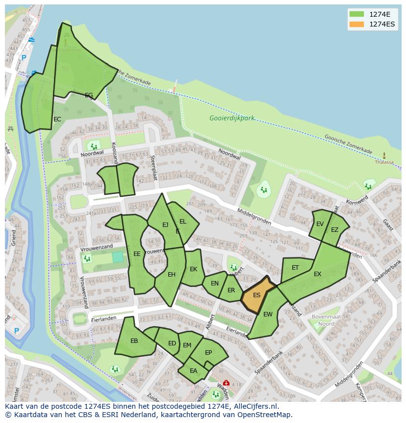 Afbeelding van het postcodegebied 1274 ES op de kaart.
