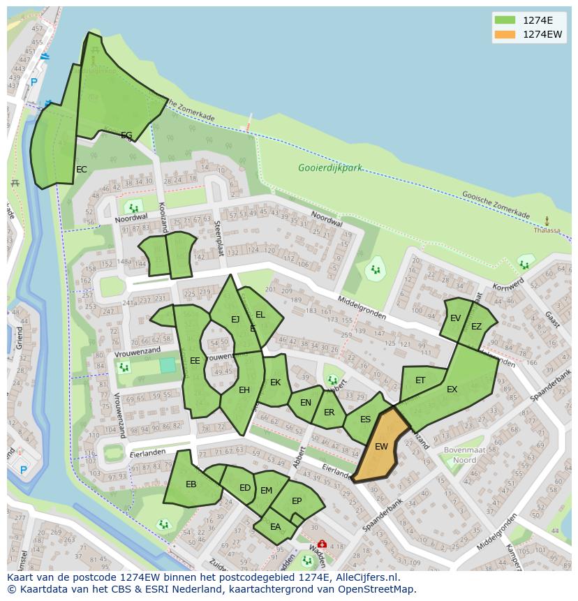 Afbeelding van het postcodegebied 1274 EW op de kaart.