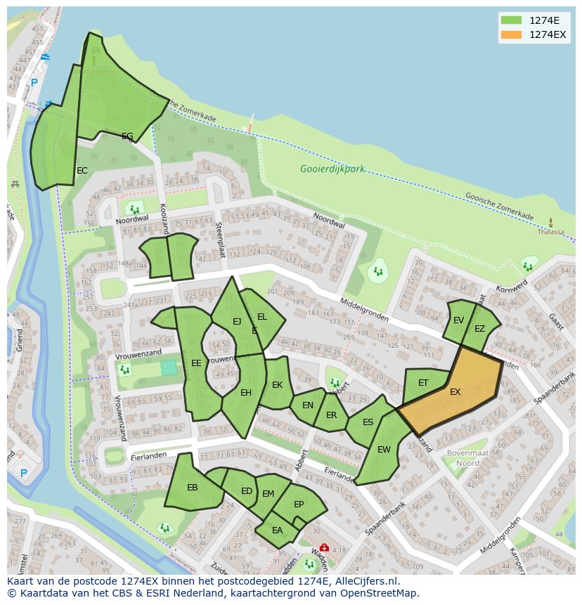 Afbeelding van het postcodegebied 1274 EX op de kaart.