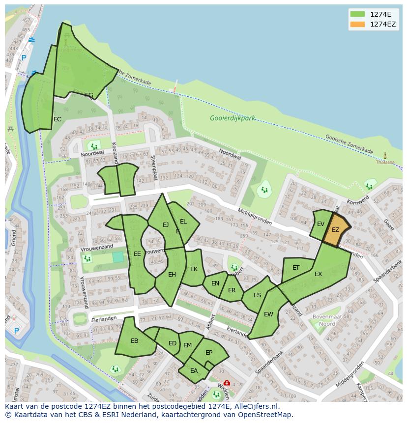 Afbeelding van het postcodegebied 1274 EZ op de kaart.