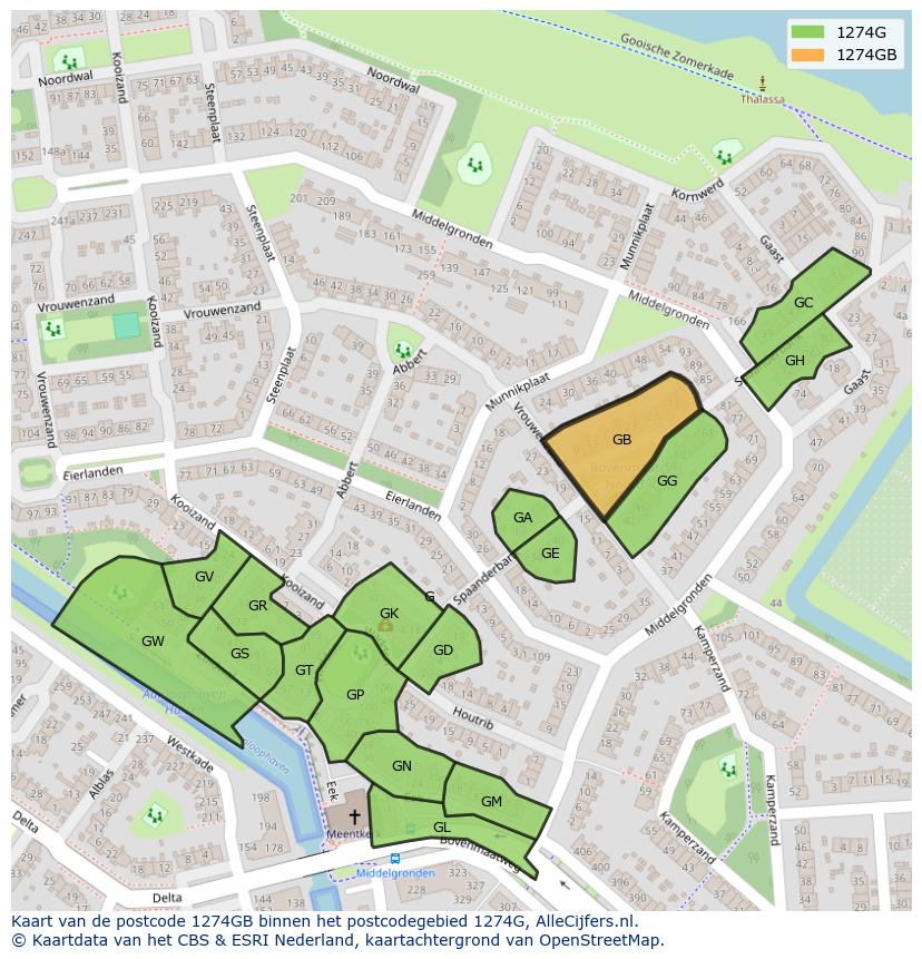Afbeelding van het postcodegebied 1274 GB op de kaart.