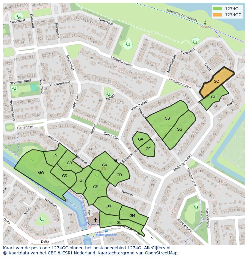Afbeelding van het postcodegebied 1274 GC op de kaart.