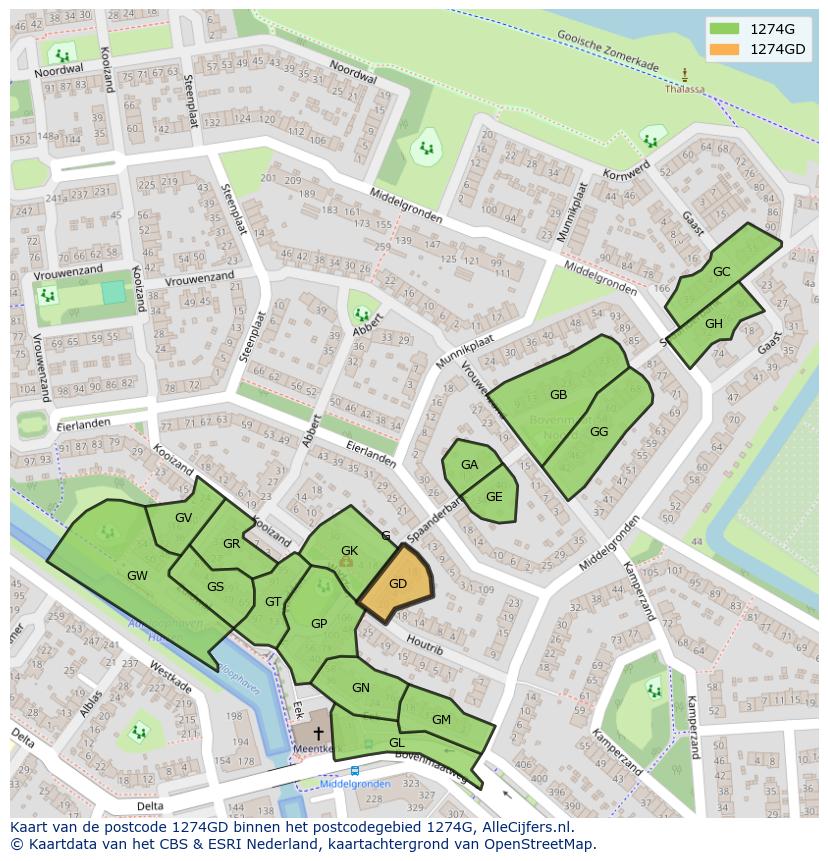 Afbeelding van het postcodegebied 1274 GD op de kaart.