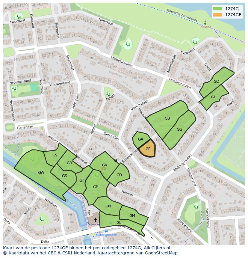 Afbeelding van het postcodegebied 1274 GE op de kaart.